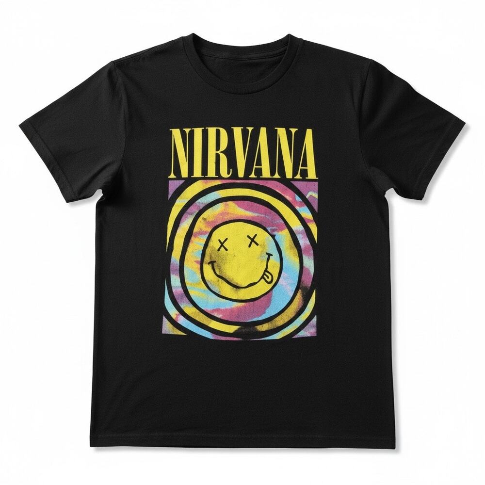 Nirvana Black Graphic T-Shirt – Yellow Smiley Face Band Tee, Short Sleeve, XS